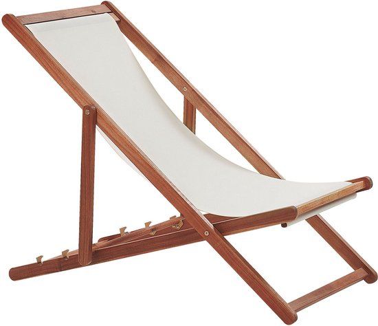 ANZIO Strandstoel - Donkere houtkleur - Polyester - Wit - 3 standen - Inklapbaar