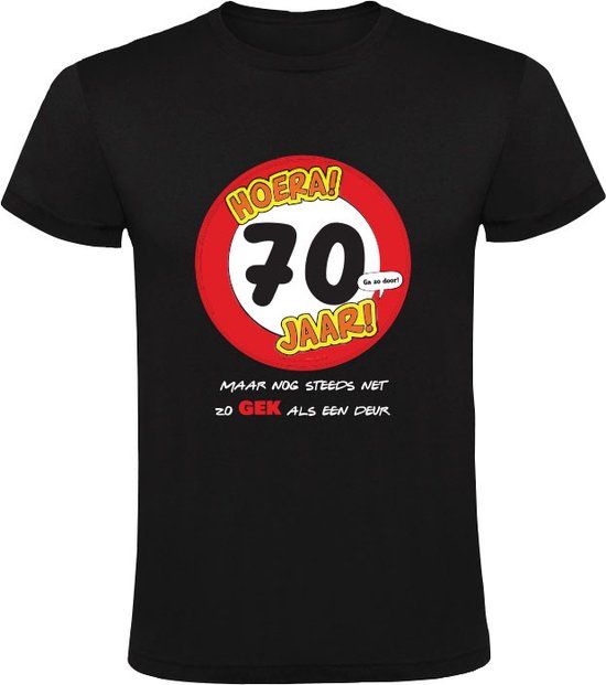 Heren T-shirt - Hoera 70 jaar! Grappig verjaardagsshirt - Zwart - Maat S