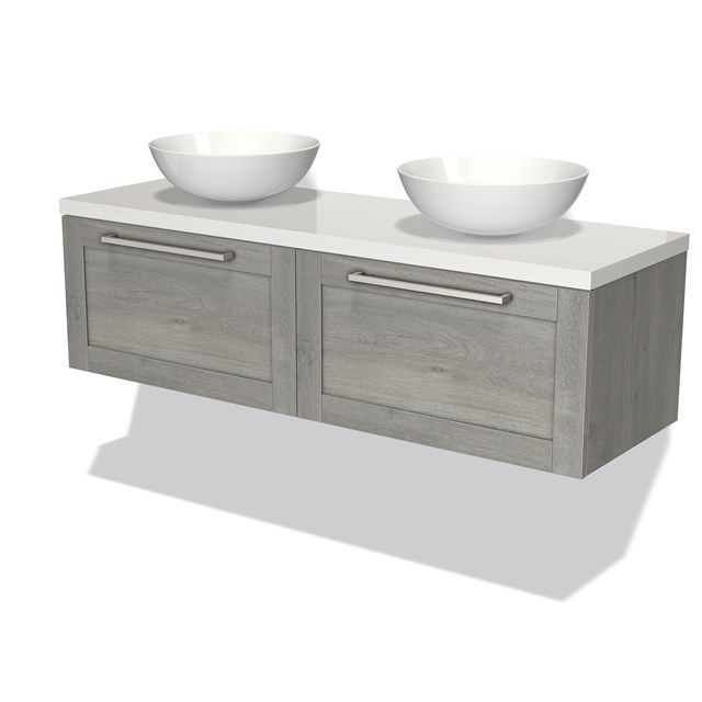 Maxaro Badkamermeubel Modulo Plato Grijs Eiken 140cm 2 Lades Hoogglans Wit Blad
