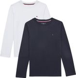 Tommy Hilfiger T-shirt Unisex - Maat 152/164 - Katoen - Lange mouw - Ronde hals - Logo - Donkerblauw/Wit (2-pack)
