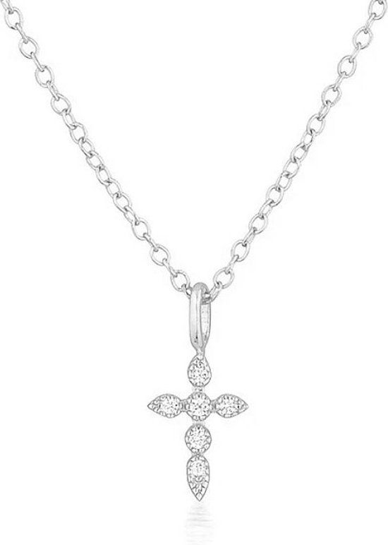 Elenza AMS Elenza Zilveren Ketting met Kruishanger en Diamantjes – Tijdloze Elegantie