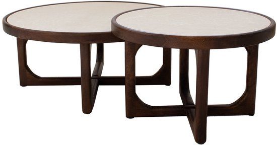 Giga Meubel Salontafel Ayase Rond - Marmer/Hout - Donkerbruin - Set van 2