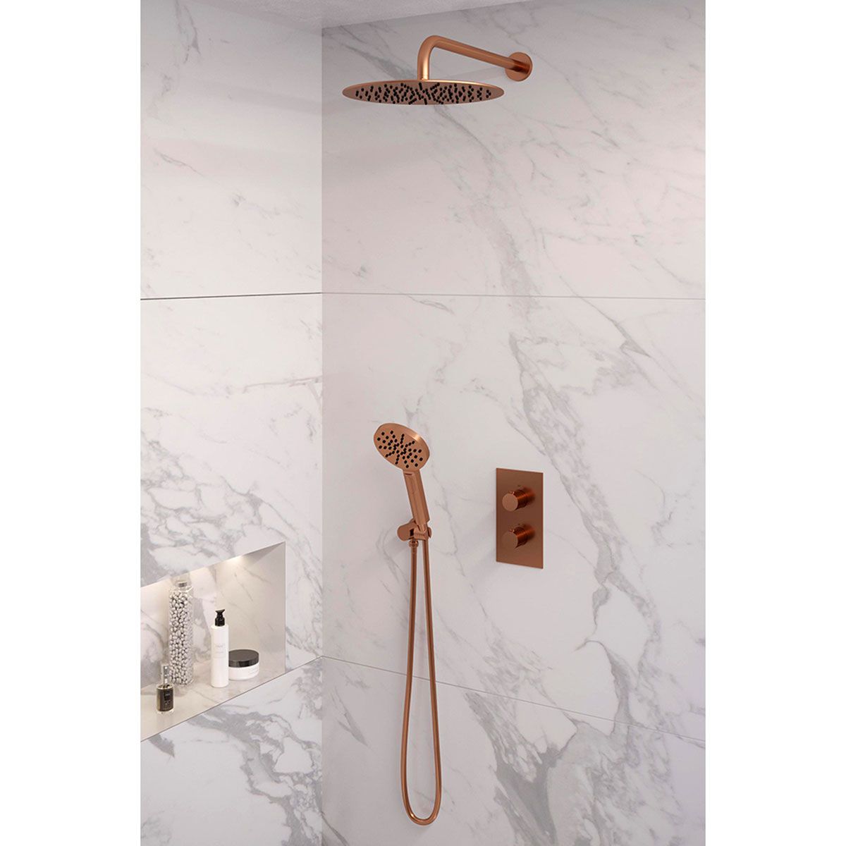 Brauer Regendoucheset Inbouw Copper Edition 30cm Rond Geborsteld Koper PVD 2 Greeps 3-weg met Thermostaatkraan en Handdouche
