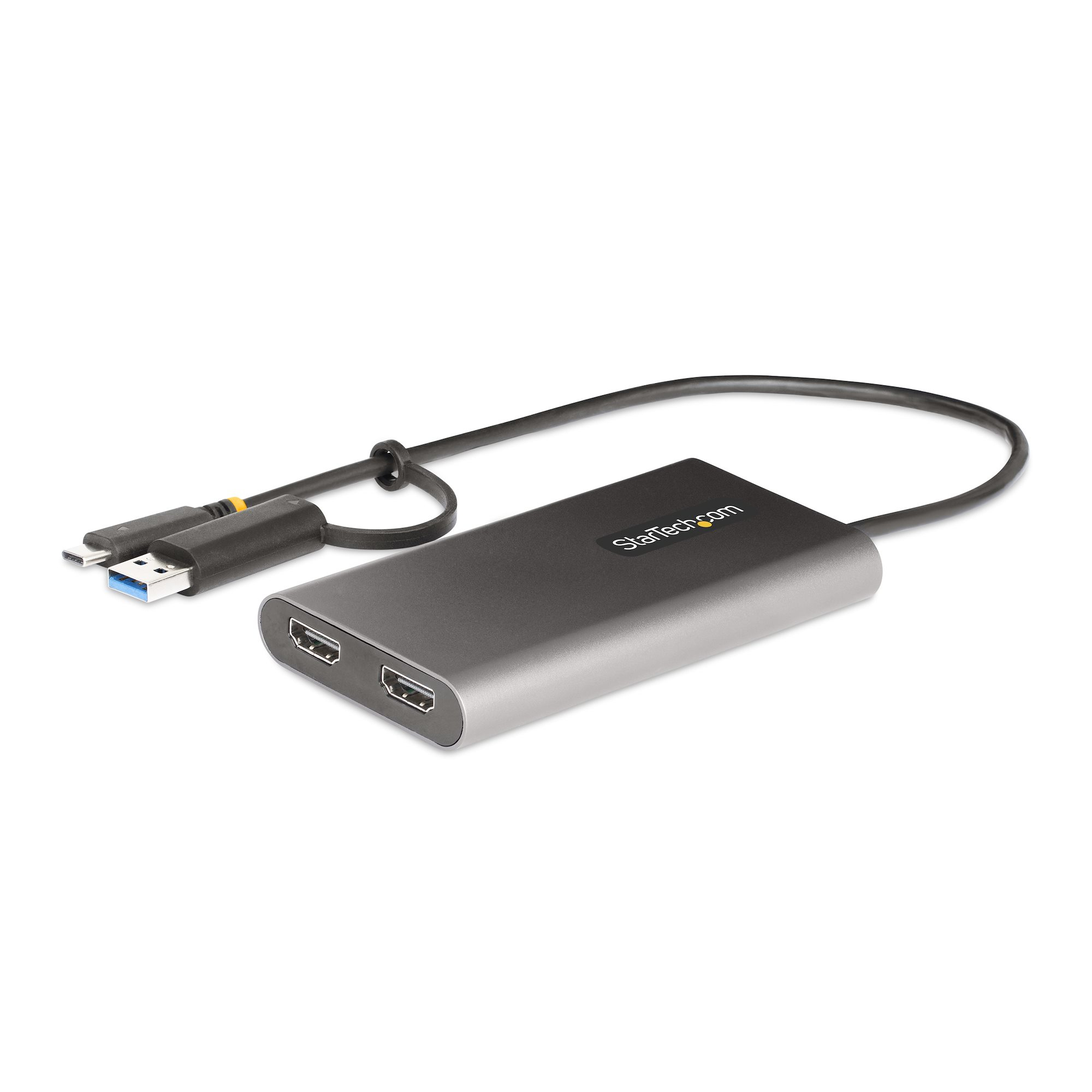 StarTech.com USB-C naar Dual-HDMI Adapter, USB-C of A naar 2x HDMI, 4K 60Hz, 100W Power Delivery Pass-Through, 30cm Ingebouwde Kabel, USB naar HDMI Multi-Monitor Converter voor Laptop