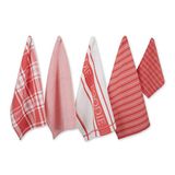 DII Set van 5 bijpassende decoratieve theedoeken voor het wassen en drogen (handdoeken 45,7 x 71,1 cm en doeken 33 x 33 cm) koraalrood