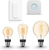 Philips Hue Starterspakket - E27 - met 3 Filament Lampen Mix - Warmwit Licht - Incl. 1 Hue Bridge, 1 Hue Dimmer Switch