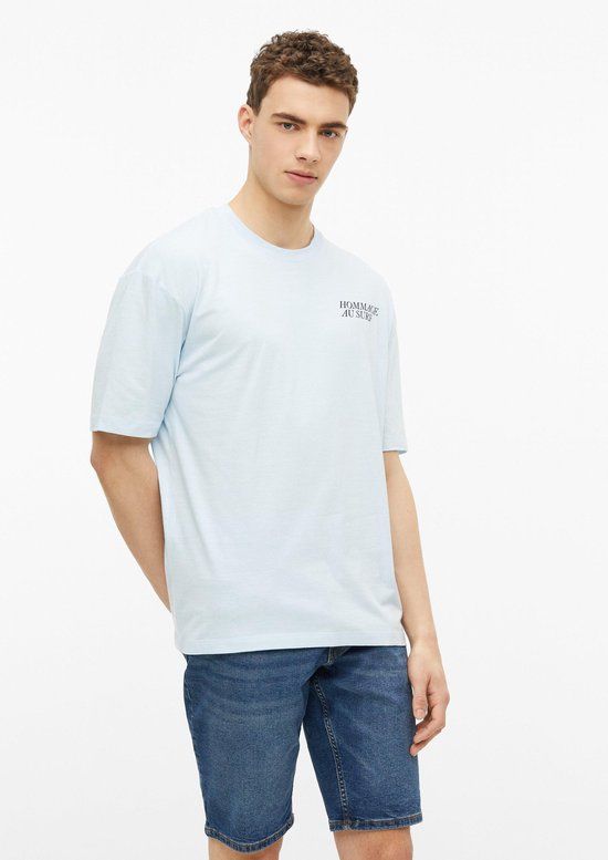 s.Oliver T-shirt met korte mouw, ronde hals, extra korte lengte, aansluitende pasvorm, logo patroon, katoenmix, heren, maat XL, arctisch blauw