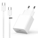 USB-C-oplader, Oplader USB-C 25 W Power Delivery + USB-C-kabel 2 m 60 W nylon gevlochten wit