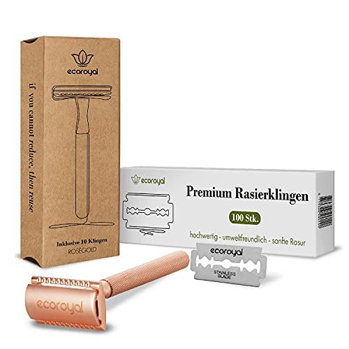 Ecoroyal Scheermes roségoud + 100 scheermesjes | nat scheermes | set voor vrouwen | metalen scheerapparaat dames | Double Edge Razor (roségoud)
