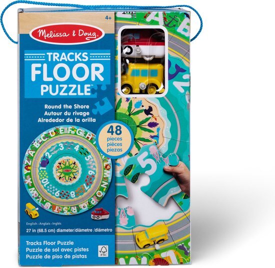 MELISSA & DOUG Kartonnen racebaan legpuzzel ‘Rond de kust’ van met opwindbare voertuigen - 48 stukjes, voor jongens en meisjes vanaf 3 jaar