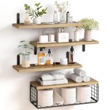 BAKAJI Set van 4 + 1 massief houten wandplanken, multifunctionele wandplanken, metalen beugels en mand, rekken voor slaapkamer, woonkamer, keuken, badkamer, boekenkast, ruimtebesparend (eiken)