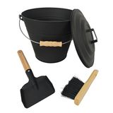 Relaxdays ascontainer met deksel, 10L, inclusief asbezem & haardschep, handvat, zwart/natuur, 25x30x20 cm