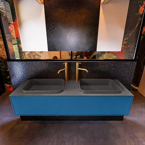 Mondiaz ERIN 150cm badmeubelset onderkast Jeans met 1 lade + Wastafel RIDGE dubbel 2 kraangaten Dark grey