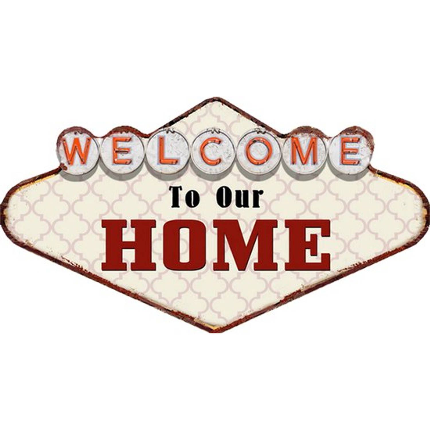 Clayre & Eef Wanddecoratie - 49x27 cm - Beige Rood - IJzer - Welcome To Our Home - Tekstbord