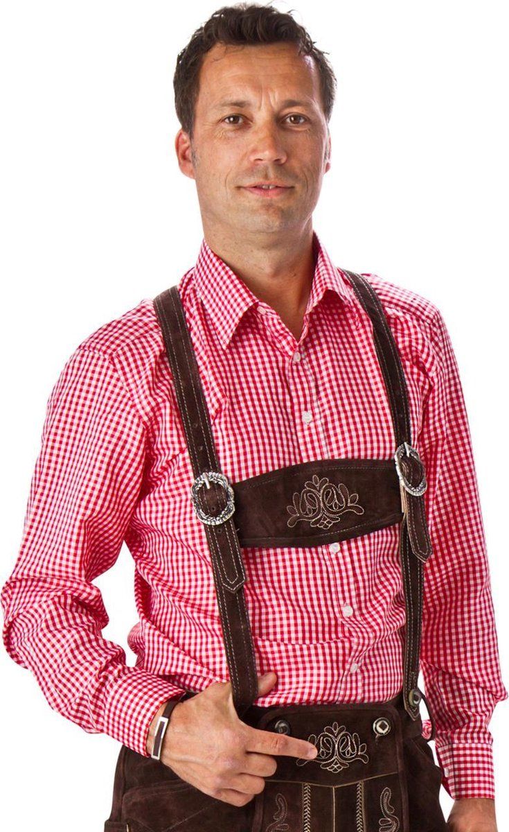Haus Huberts Oktoberfest Overhemd rood-wit geruit 100% polyester | Maat XXL