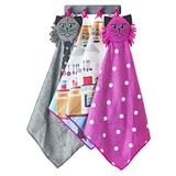 Vigar Felix Set met 5 haken en 4 microvezeldoeken en 1 3M kleefhaak met 4 klauwen, extra absorberende handdoeken met kattenaccenten, grijs en roze