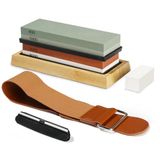 Romon 4-in-1 set slijpstenen, complete set met bamboebasis en leer voor alle soorten messen