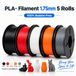 NONE 5 stuks PLA+-filament, 1,75 mm, 5 kg PLA-kunststof voor 3D-printers en 3D-pennen, nauwkeurigheid 0,03 mm, standaard 1 kg per rol, 3D-printfilament, gemengde kleuren, lokaal verzonden, geschikt voor de