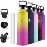 Grsta Thermosfles, 1 liter, BPA-vrij, sportfles met rietje, lekvrij, roestvrijstalen waterfles, houdt 12 uur warm / 24 uur koud, voor camping, yoga