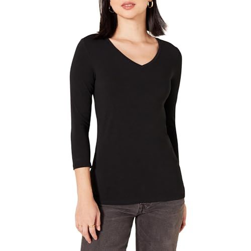 Amazon Essentials Women's T-shirt with 3/4 Sleeves and V-Neck - Classic Fit (Available in Plus Sizes), Black, S