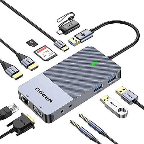 QGEEM MAKE CONNECTIONS QGeeM USB docking Station, drievoudige weergave USB hub Dubbele HDMI VGA-adapter, draagbaar USB 3.0-dockstation compatibel met alle USB-C- en USB 3.0-laptops