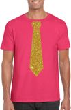 Bellatio Design Shoppartners Bv Roze fun verkleedkleding t-shirt - met stropdas - in glitter goud - heren - korte mouwen - carnaval - vip - glamour XL