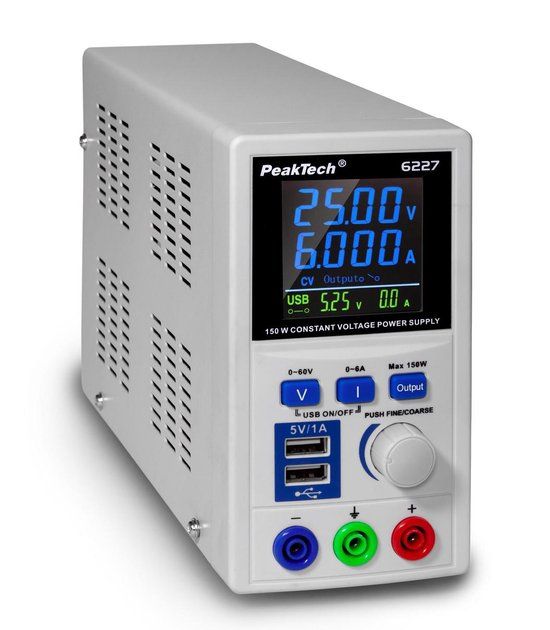 PeakTech 6227 - DC Lab Power Supply - 0-60V / 0-6A - Color LCD - 2x USB