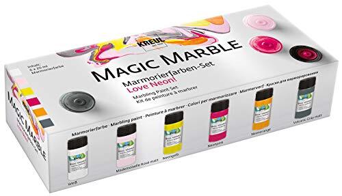 Kreul Magic Marble 73614 Marmerverf, Love Neon Set, 6 x 20 ml kleur in wit, neongeel, neonroze, neonoranje, grijs en roze voor het duiken van hout, glas, kunststof, papier en piepschuim