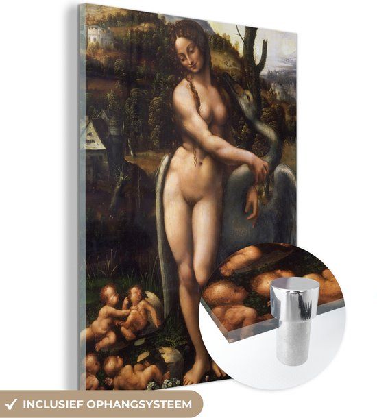 MuchoWow® Glasschilderij 60x80 cm - Leda en de zwaan - Leonardo da Vinci - Foto op glas - Acrylaat - Multicolor