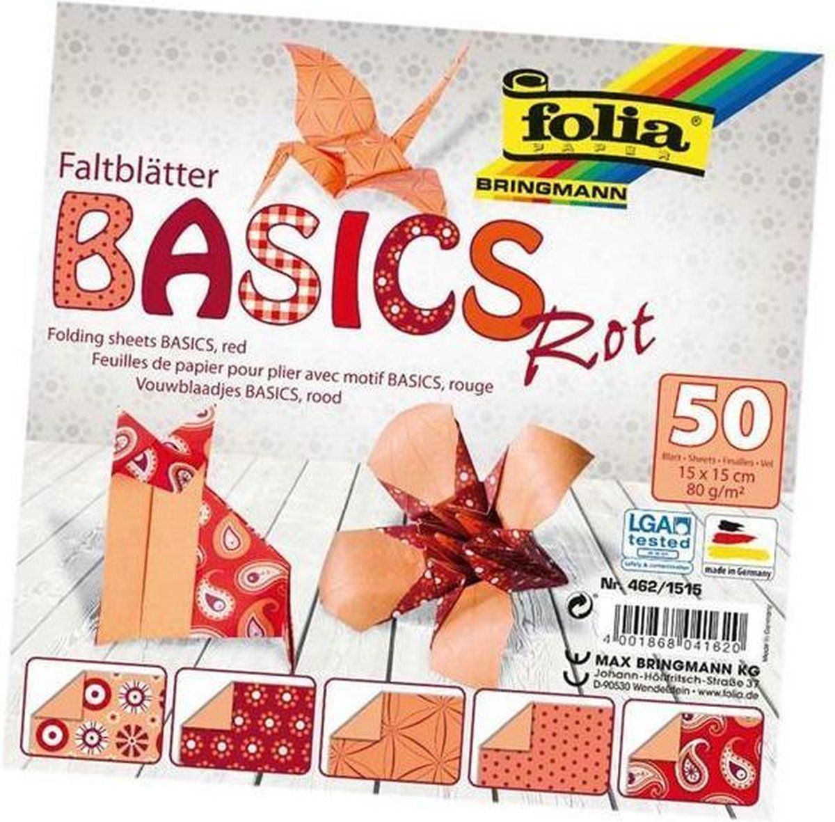 Folia Panda Folia Vouwbladen 15x15cm 80g 10x5 ass. Basics rood