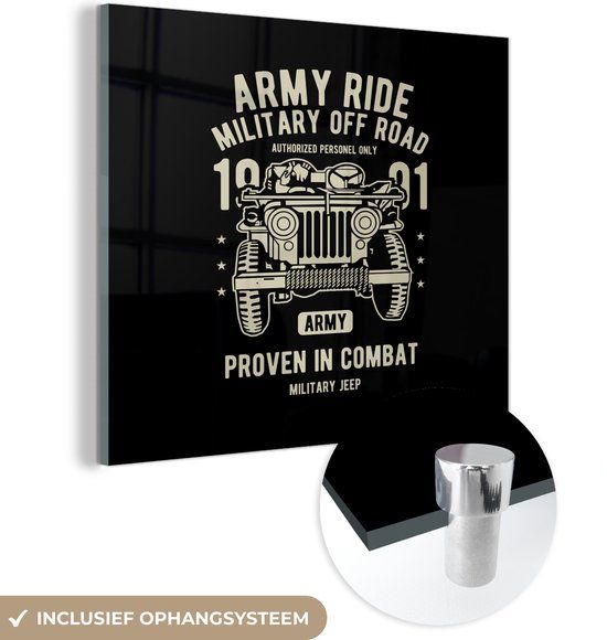 MuchoWow® Glass Painting 50x50 cm - Acrylic Glass Painting - Mancave - Army - Car - Retro - Photo on Glass - Paintings