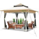 VOUNOT 3,6 m x 3,6 m pop-up tuinhuisje met gaaszijkanten, tuin dubbel dak partytent met beengewichten en roltas, beige