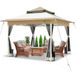 VOUNOT 3,6 m x 3,6 m pop-up tuinhuisje met gaaszijkanten, tuin dubbel dak partytent met beengewichten en roltas, beige
