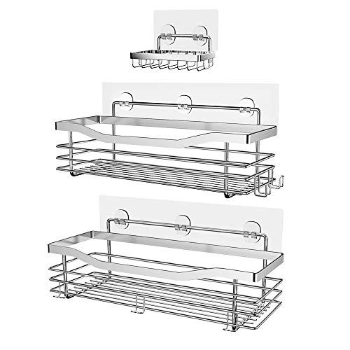 Orimade Shower Caddy Basket Zeepbakje Plank met 5 Haken Badkamer Organiser Plank Keuken Opbergrek Wandmontage Lijm Geen boren SUS304 Roestvrij staal - 3 stuks