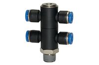 T-meervoudige RIEGLER T-meervoudige verdeler »Blaue serie«, 4-voudig, draaibaar, R 1/4 a., voor slot buiten-Ø 8 mm, werkdr. Maximale 15 bar, kunststof/MS vern.