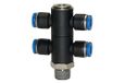 T-meervoudige RIEGLER T-meervoudige verdeler »Blaue serie«, 4-voudig, draaibaar, R 1/4 a., voor slot buiten-Ø 8 mm, werkdr. Maximale 15 bar, kunststof/MS vern.