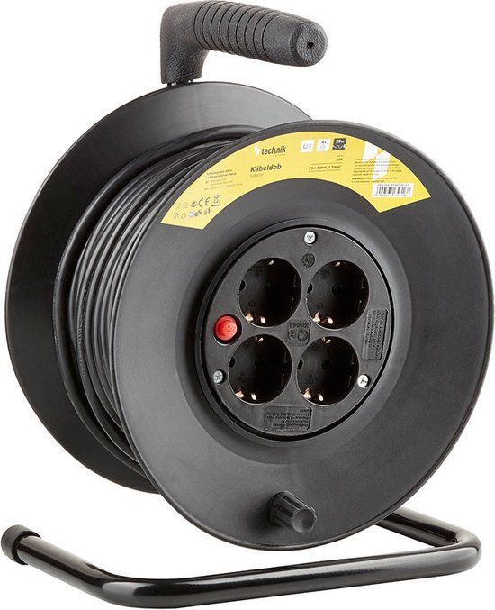 Technik Kabelhaspel 50 Meter - 4-Voudig - Haspel Verlengsnoer - Geaard - 3x1.5mm - Zwart