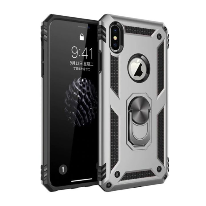 R-JUST iPhone 7 Plus Hoesje - Shockproof Case Cover Cas TPU Grijs + Kickstand
