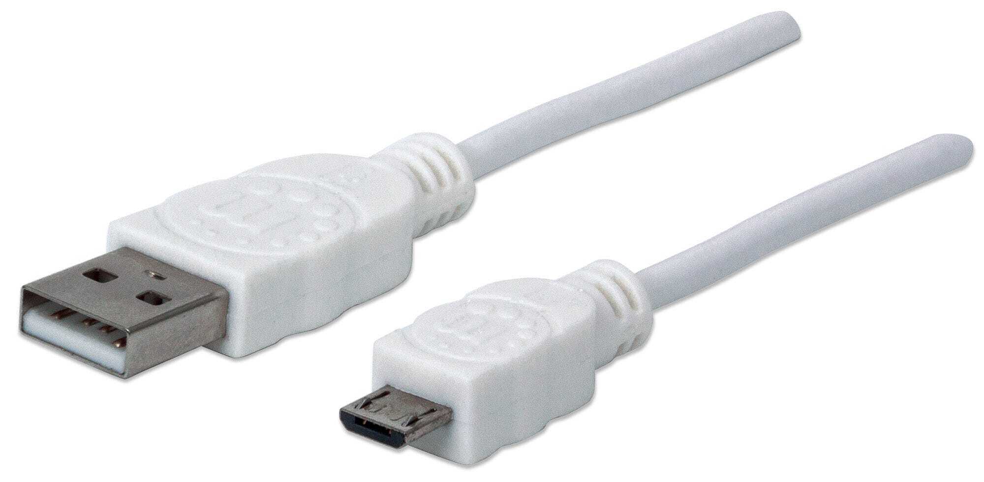 MANHATTAN USB 2.0 Cable, USB-A to Micro-USB, Male to Male, 1.8m, White, Polybag