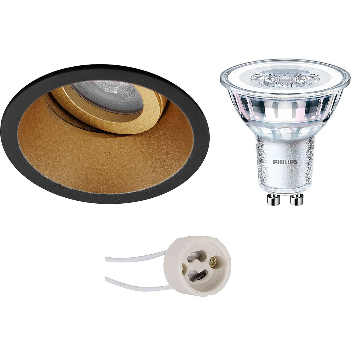 BES LED LED Spot Set - Pragmi Zano Pro - GU10 Fitting - Inbouw Rond - Mat Zwart/Goud - Kantelbaar - Ø93mm - Philips - CorePro 830 36D - 4.6W - Warm Wit 3000K