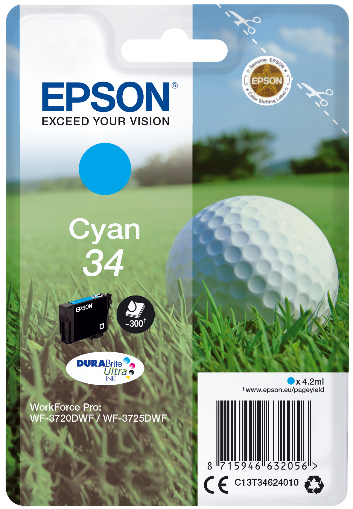 Epson Golf ball Singlepack Cyan 34 DURABrite Ultra Ink single pack / cyaan