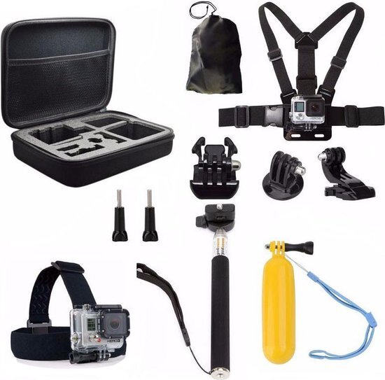 Aretica 11-delige GoPro accessoire set / Accessoire set voor de GoPro / Head mount, chest mount, selfiestick en meer - Zwart