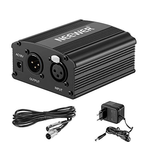 Neewer® 1- Channel 48V fantoom voeding zwart met adapter en een XLR audiokabel voor alle condensor microfoons muziek recorder apparatuur muziek opnemen apparatuur