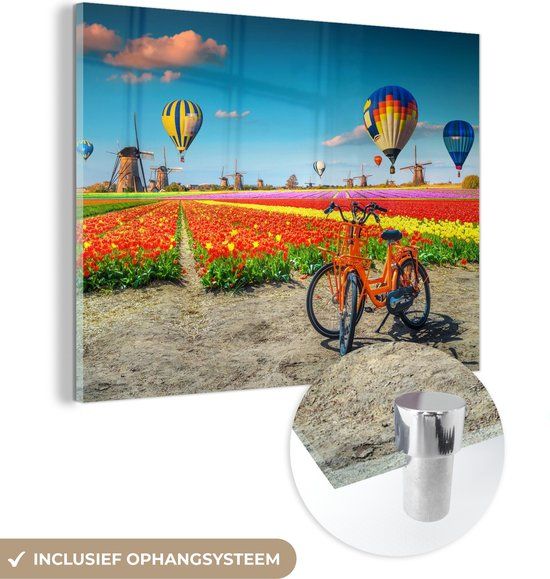 MuchoWow® Glass Painting 40x30 cm - Acrylic Glass Painting - Hot Air Balloon - Orange - Tulips - Photo on Glass - Paintings