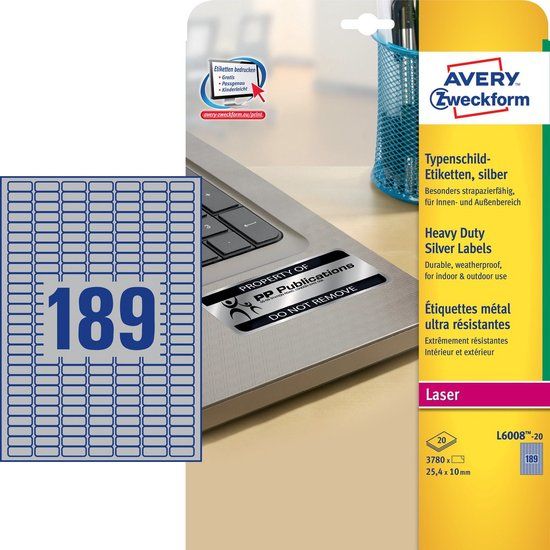 Merkloos Avery Ultra-sterke etiketten, zilver, 25,4 x 10,0 mm, permanent klevend