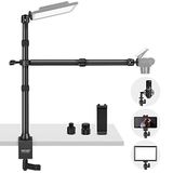 NEEWER TL253A+DS001 Tafelcamerastatief met 2 telescopische armen, telefoonhouder, kogelkoppen, schroefadapter, tafellampstandaard voor camera, mobiele telefoon, webcam, ringlamp