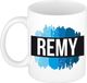 Bellatio Decorations Remy naam cadeau koffie mok - beker - met blauw verfstrepen - Cadeau collega - vaderdag - verjaardag - meester - coach - 300 ml - wit