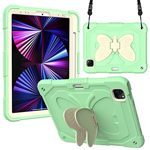 YEOU Compatibel met iPad 7th 10.2 (2019), 3D Heavy Duty Hard Rugged beschermhoes, cartoon Cute Butterfly Wings standaard, stootvaste siliconen hoes met standaard voor kinderen (rijstgroen)