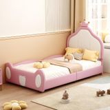Ropilly Kinderbed Kinderbed 90x200 cm, bekleed kinderbed met hoofdeinde in kroonvorm, kunstlederen bekleding in wit/roze, gestoffeerd eenpersoonsbed voor kinderkamers