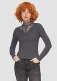 s.Oliver QS T-Shirt Vrouwen Antraciet Katoen Korte Mouw Opstaande Kraag Aansluitend Maat S
